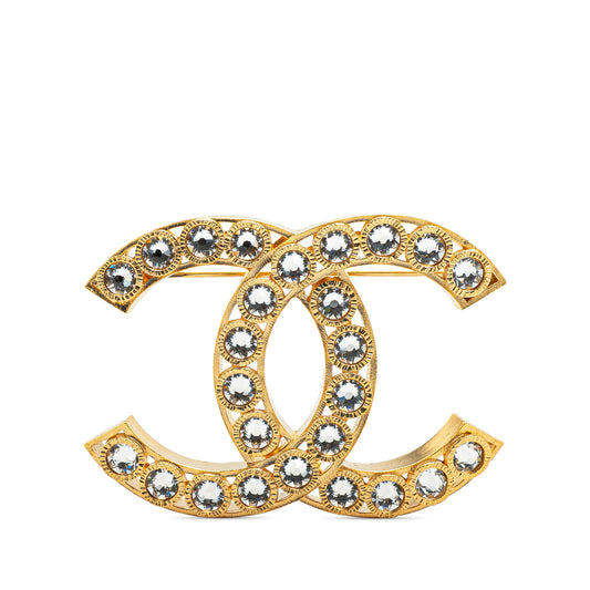 Gold Plated CC Rhinestone Brooch Gold - Re-Luxury