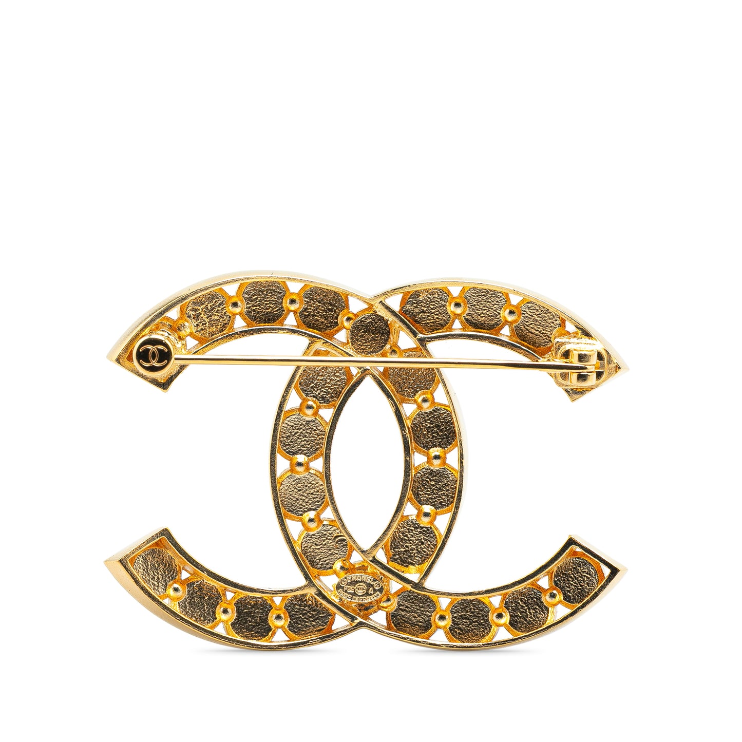 Gold Plated CC Rhinestone Brooch Gold - Re-Luxury
