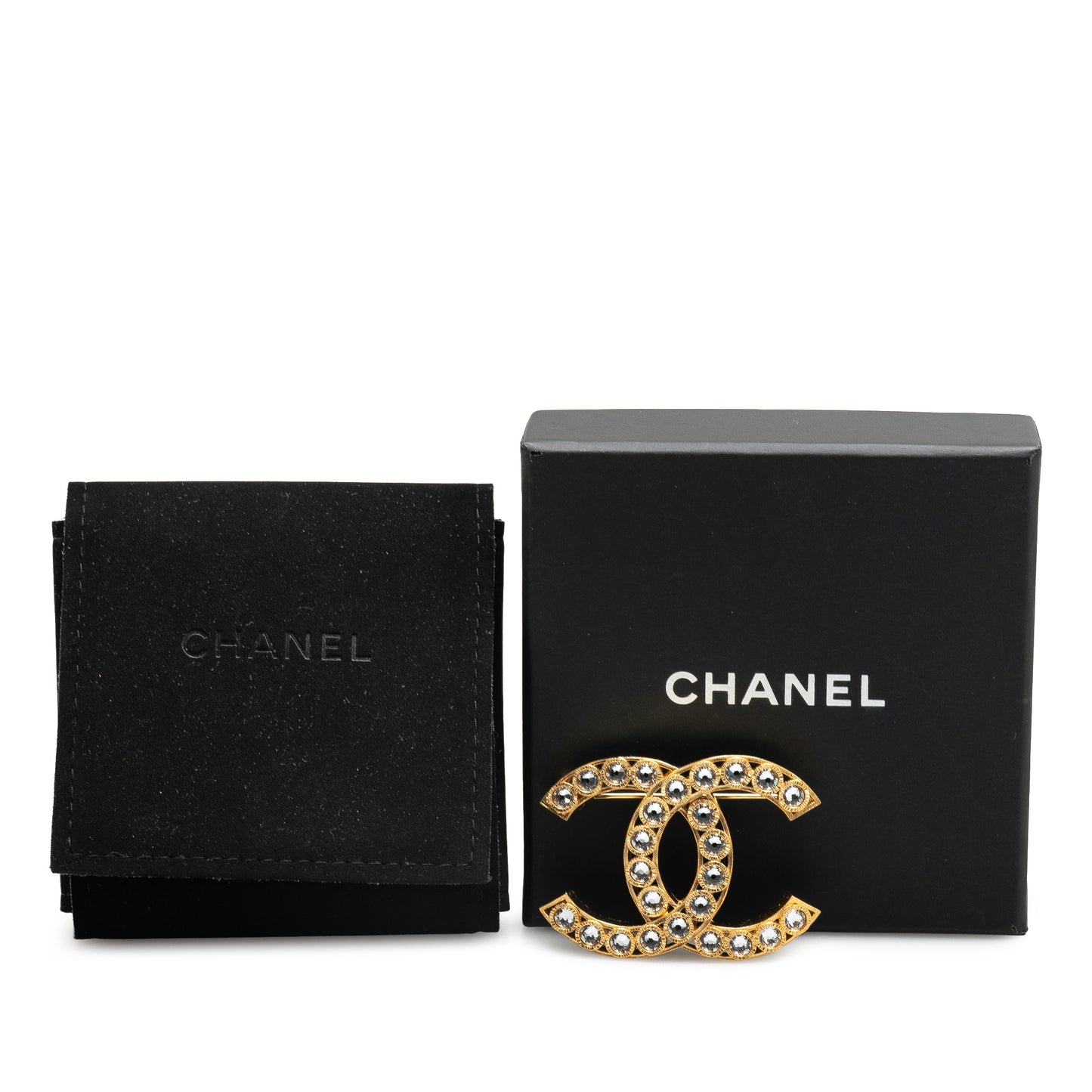 Gold Plated CC Rhinestone Brooch Gold - Re-Luxury