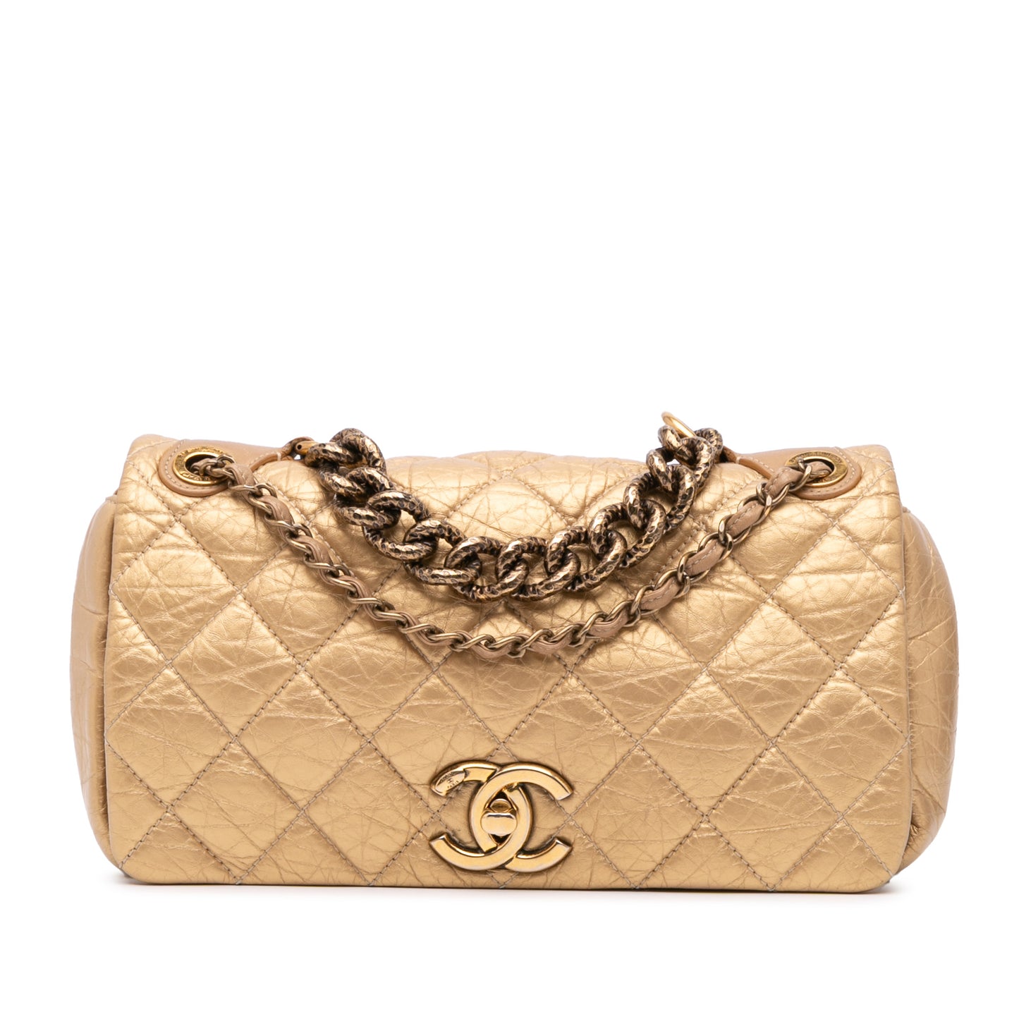 Medium Quilted Aged Calfskin Pondichery Flap Gold - Re-Luxury