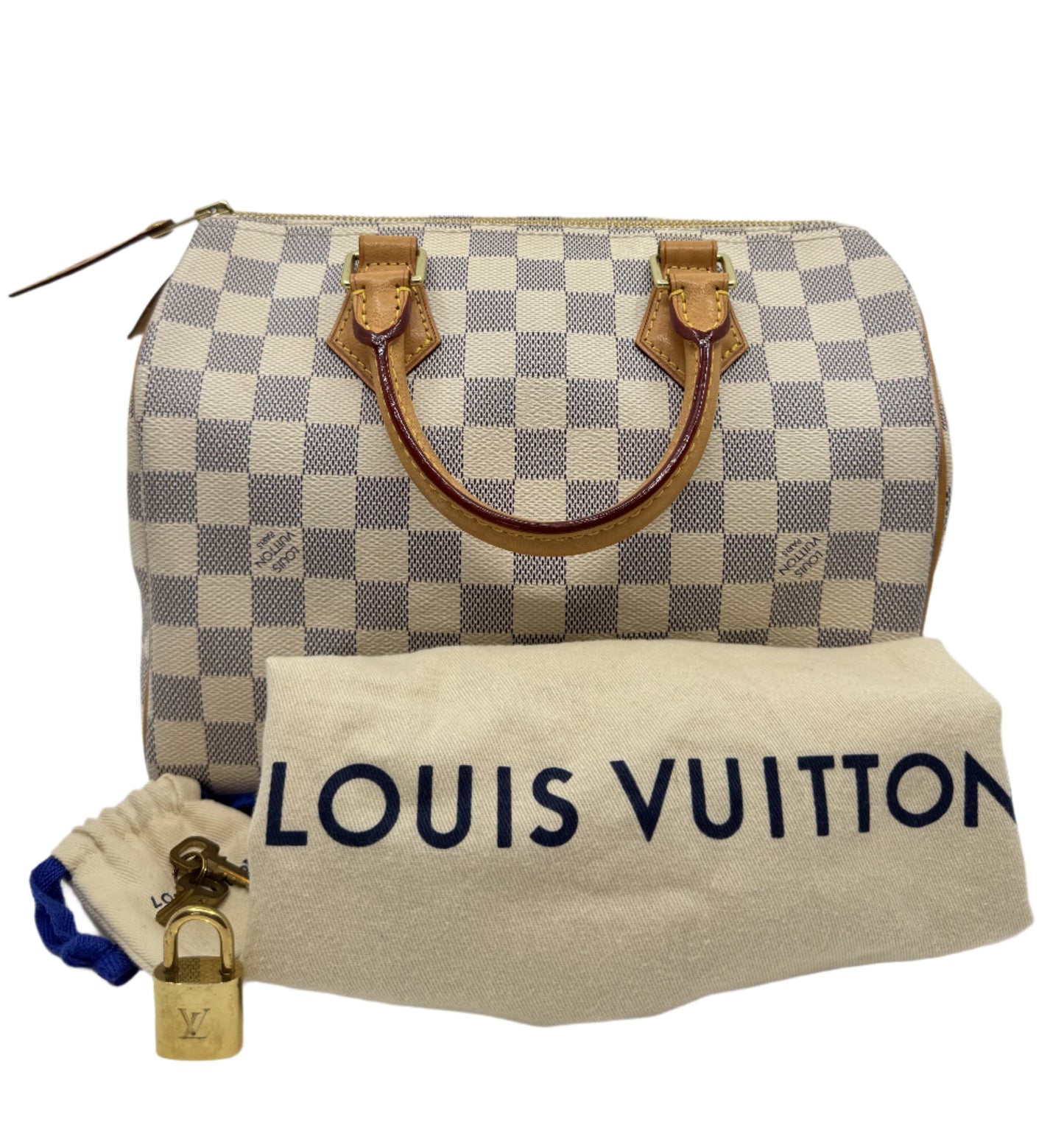 Louis-Vuitton-Speedy-25-Damier-Azur-with-LouisViutton-dust-bag-and-lock-with-LV-lettering.