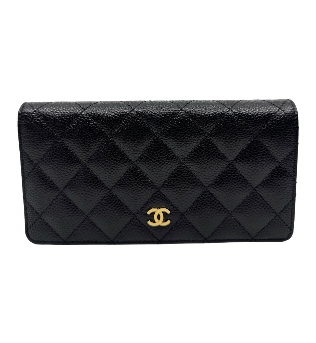 Chanel Black Quilted Caviar Leather L Yen Continental Wallet