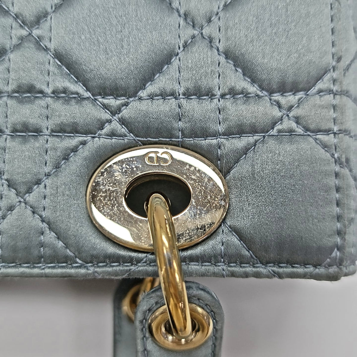 Lady Dior Small Blue-Grey Silk Satin Cannage Quilted Shoulder Bag