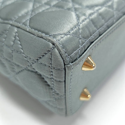 Lady Dior Small Blue-Grey Silk Satin Cannage Quilted Shoulder Bag