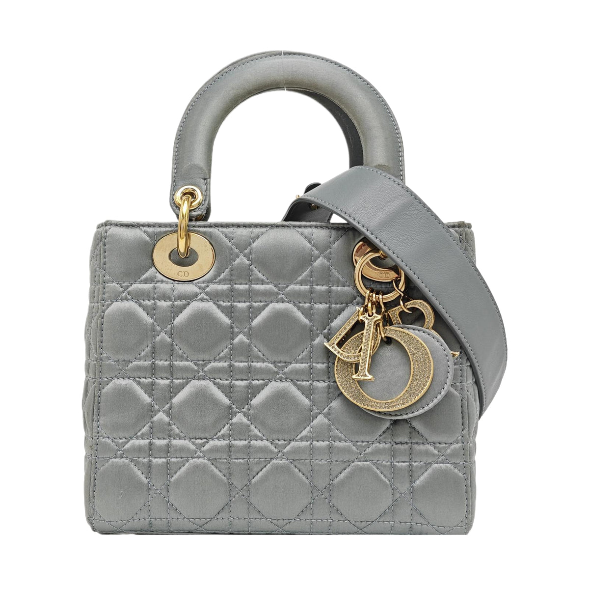 Lady Dior Small Blue-Grey Silk Satin Cannage Quilted Shoulder Bag