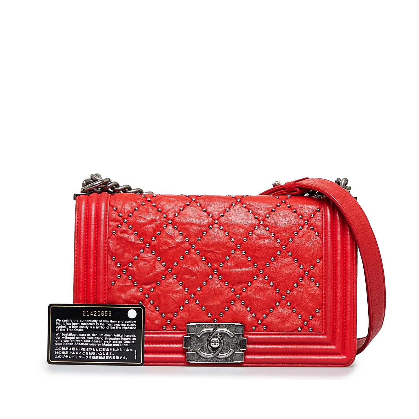 Medium Studded Crumpled Calfskin Boy Flap Red -  Re-Luxury