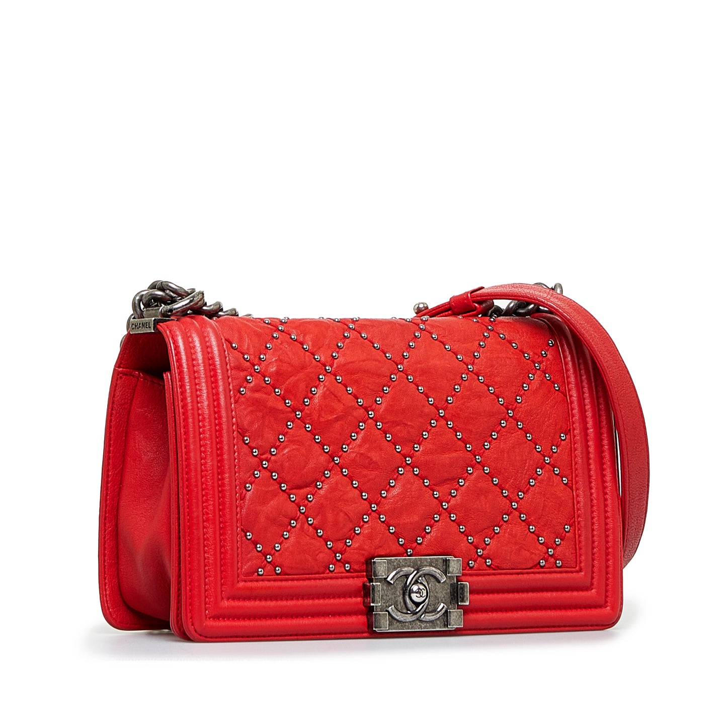 Medium Studded Crumpled Calfskin Boy Flap Red -  Re-Luxury