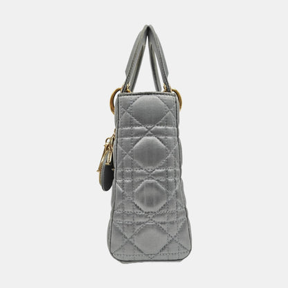 Lady Dior Small Blue-Grey Silk Satin Cannage Quilted Shoulder Bag