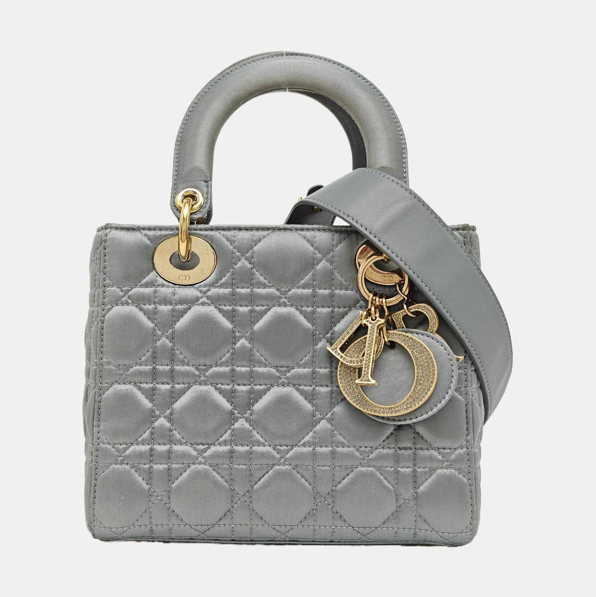 Lady Dior Small Blue-Grey Silk Satin Cannage Quilted Shoulder Bag