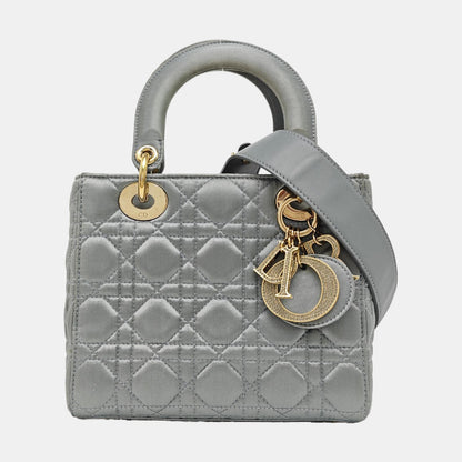 Lady Dior Small Blue-Grey Silk Satin Cannage Quilted Shoulder Bag