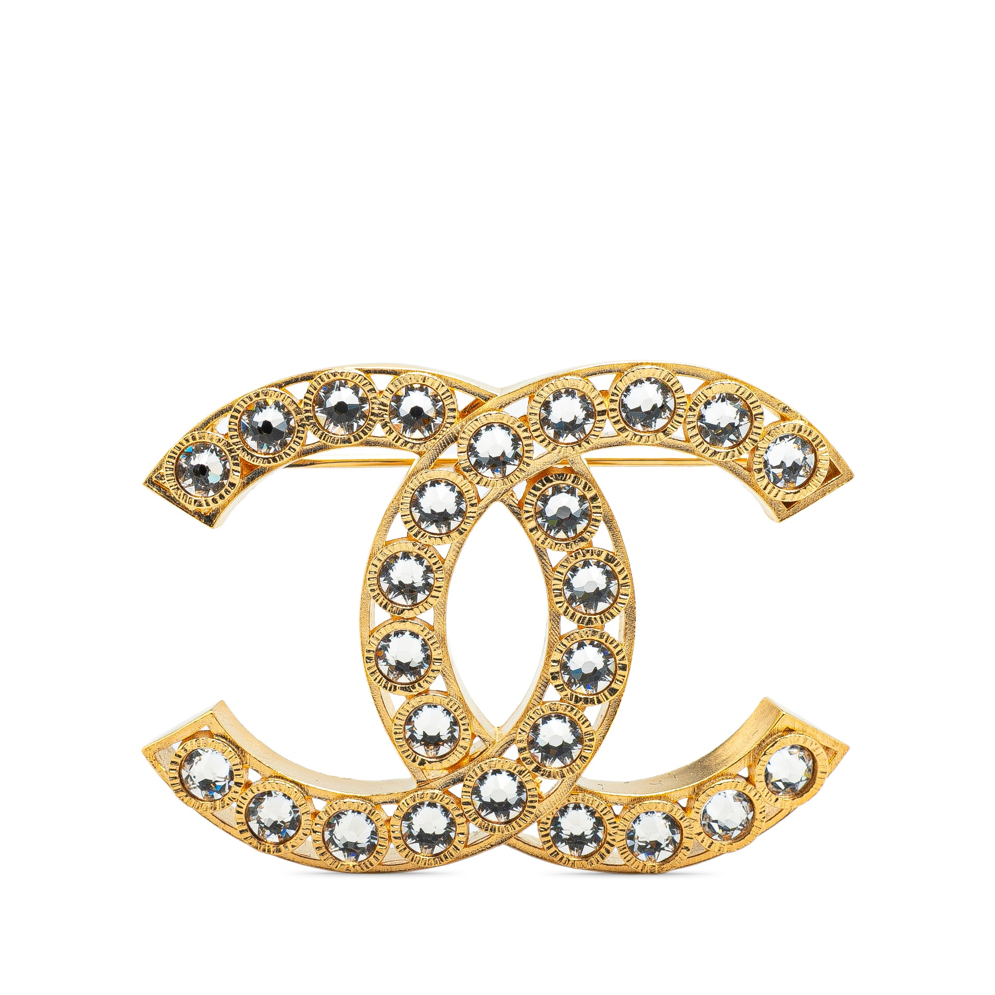 Gold Plated CC Rhinestone Brooch Gold -  Re-Luxury