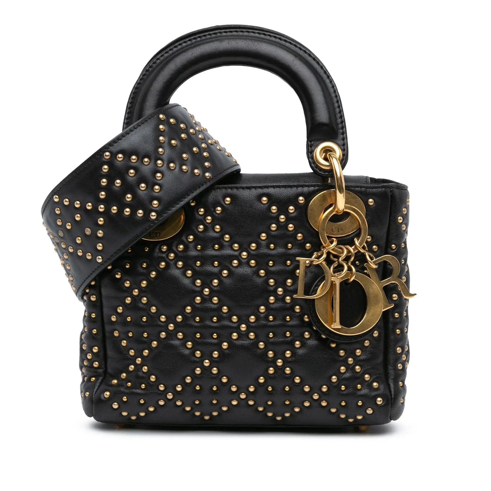 Front-panel-of-the-Mini-Lady-Dior-Black-Studded-Supple-Cannage-Calfskin-with-gold-tone-Dior-lettering-and-studded-leather