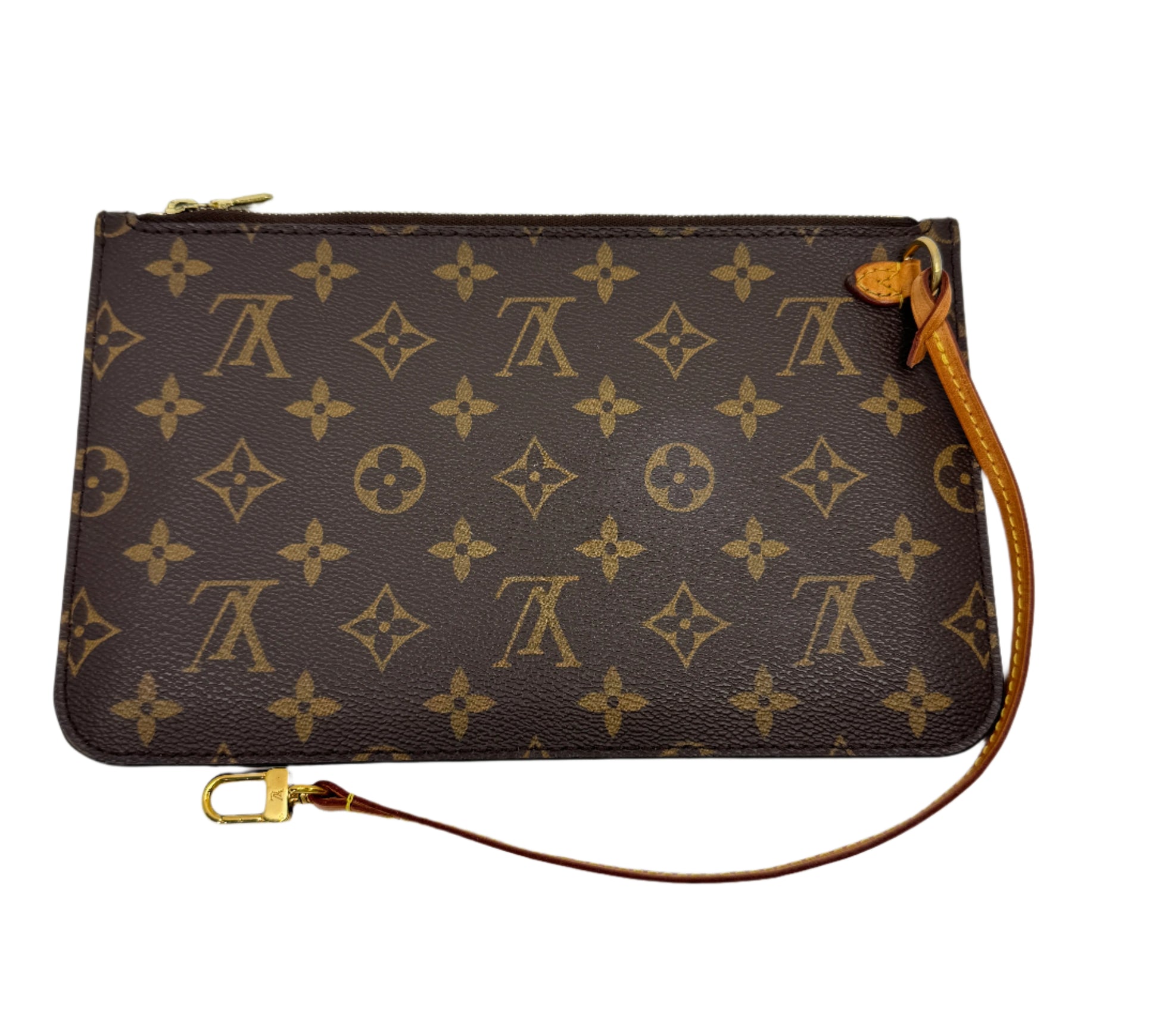 Front-part-of-the-Louis-Vuitton-Neverfull-MM-Monogram-Pochette-including-logo-across-the-bag-with-details-of-the-closure-and-strap