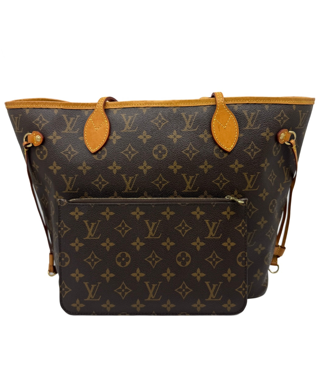 Front-part-of-the-Louis-Vuitton-Neverfull-MM-Monogram-with-included-pochette-with-logo-across-the-bag-and-leather-strap