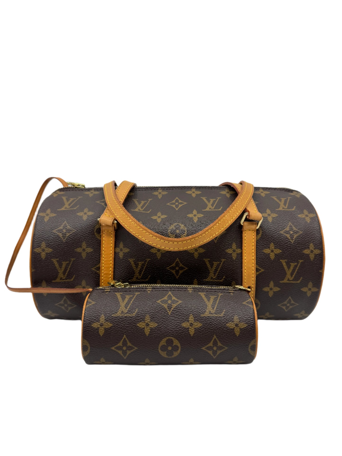 Front-part-of-the-Louis-Vuitton-Papillon-30-with-logo-across-the-bag-leather-strap-details-and-included-small-pouch