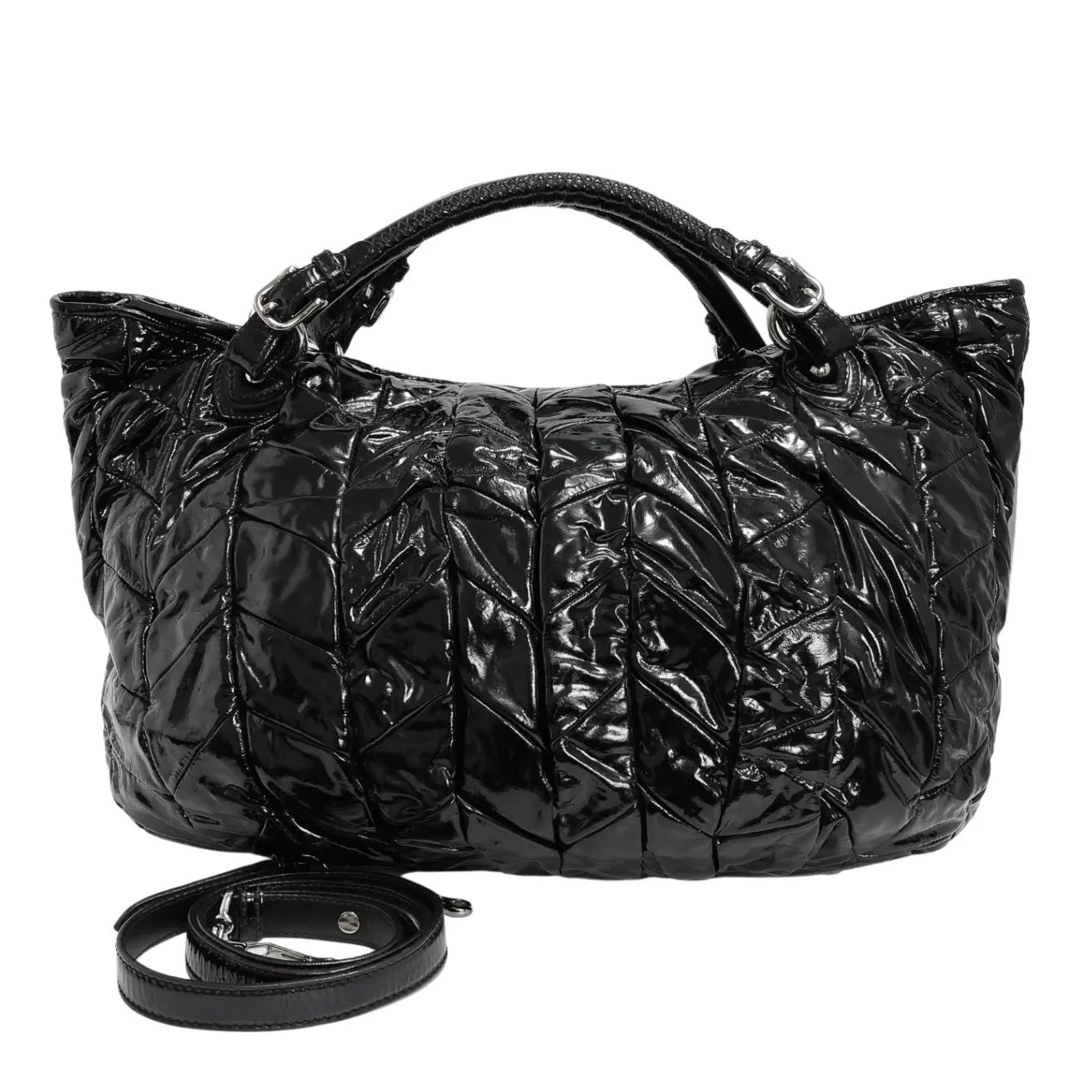 MIU MIU Pleated Patent Leather Tote Bag