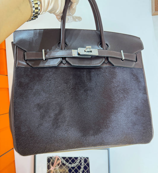 Hermès Birkin Chocolate Brown Leather and Ponyskin Haute à Courroies Bag