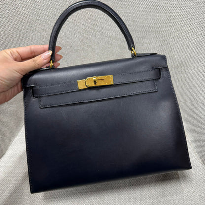 Hermès Kelly 28 Blue Indigo Box Calf Leather