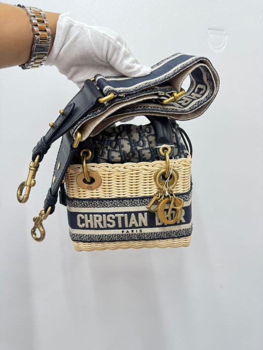Dior Beige/Navy Blue Wicker Jacquard Lady Dior Oblique Mini Shoulder Bag