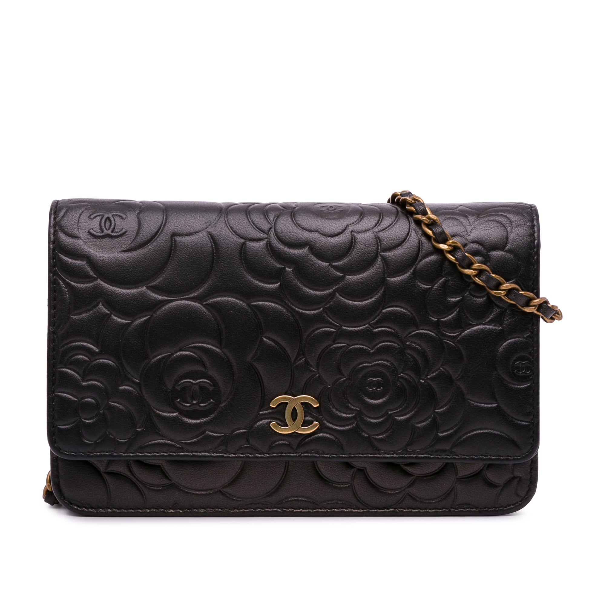 Lambskin Camellia Wallet On Chain Black -  Re-Luxury