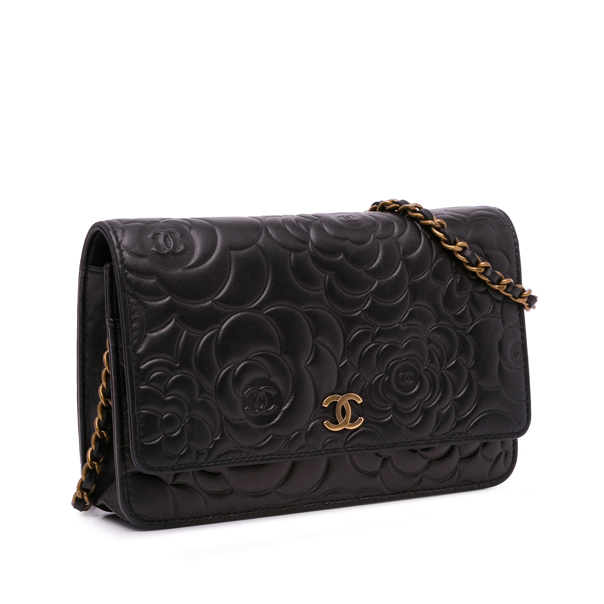 Lambskin Camellia Wallet On Chain Black -  Re-Luxury