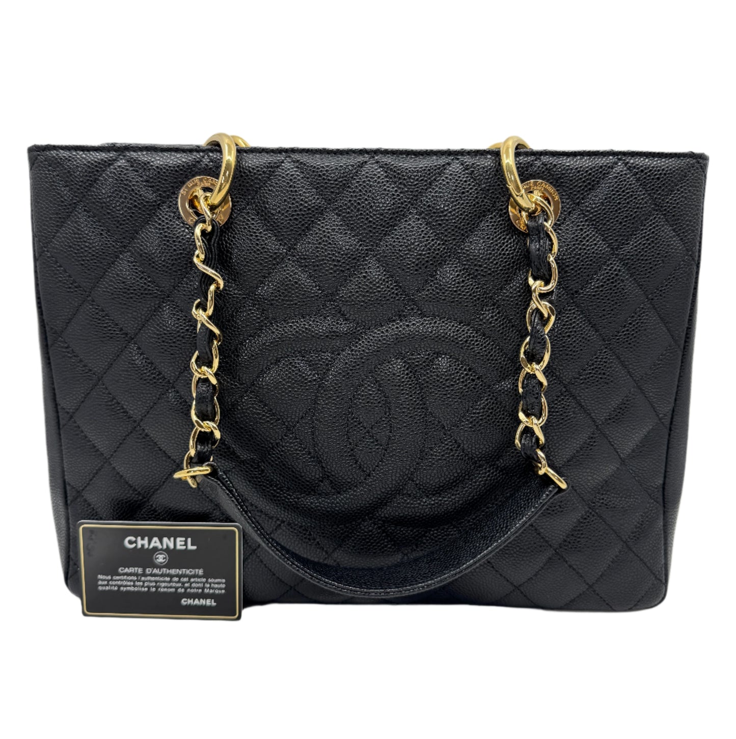 front-part-of-chanel-black-caviar-grand-shopping-tote-in-leather-with-embossed-logo-and-golden-chain-strap-with-authenticity-card