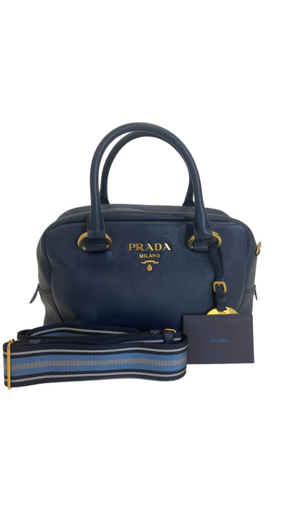 Prada Navy Blue Vitello Daino Leather Boston Bag