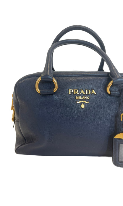 Prada Navy Blue Vitello Daino Leather Boston Bag