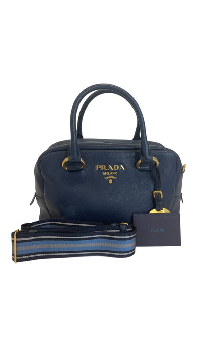 Prada Navy Blue Vitello Daino Leather Boston Bag