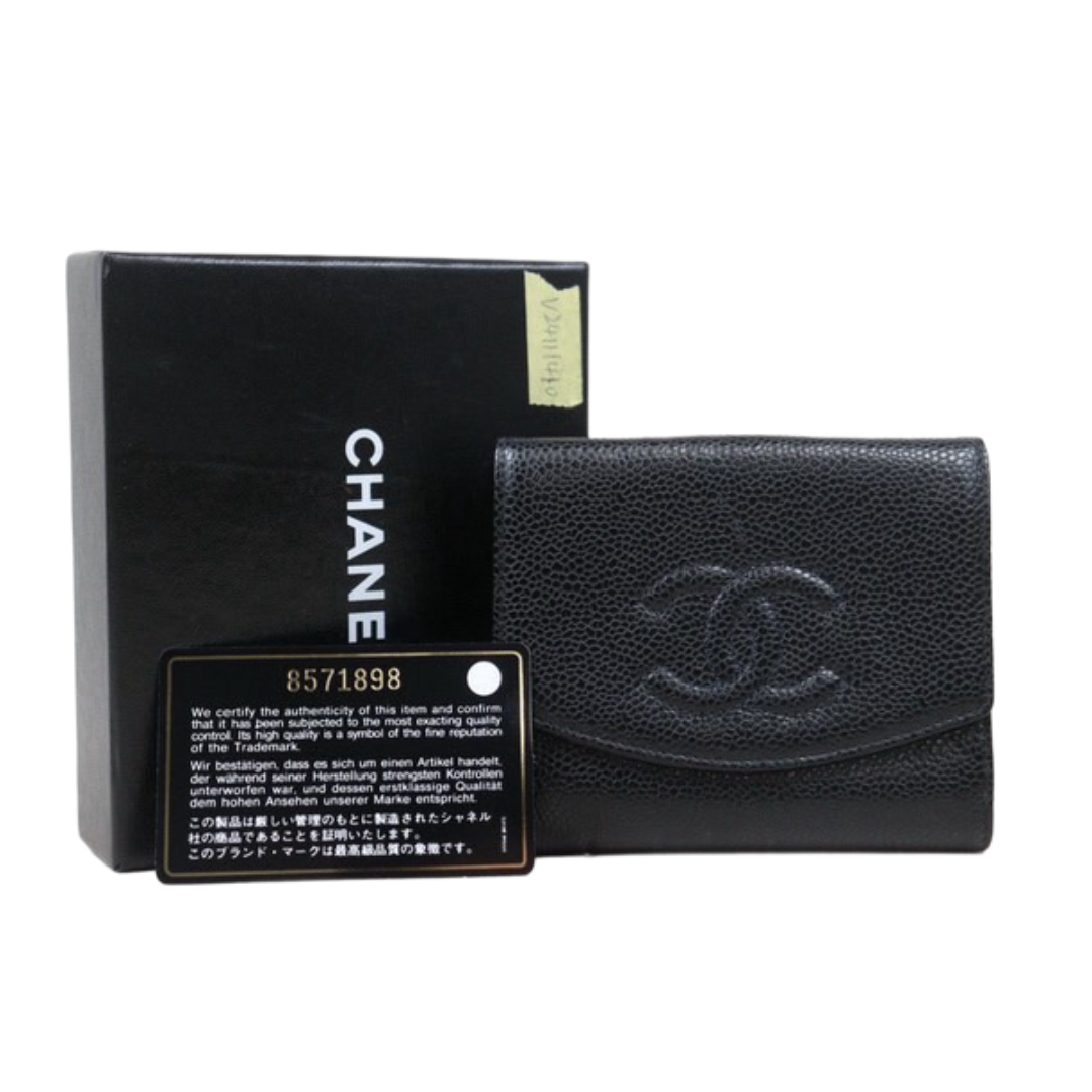 Chanel Black Caviar Leather Vintage Timeless Compact Wallet